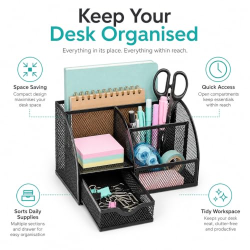 Image of Exerz Desk Organiser Mesh Desk Tidy Pen Holder Multifunctional Organizer Ex348 - Black