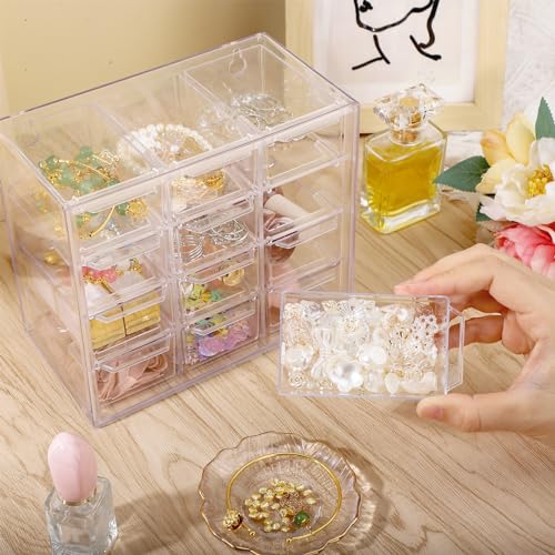 Image of Segbeauty 12 Grid Jewelry Organizer Drawer, 4-Tier Clear Stackable Storage Drawer, Nail Storage Organizer, Dustproof Storage Containers with Drawers, Small Clear Storage Drawers for Beads Earring Ring