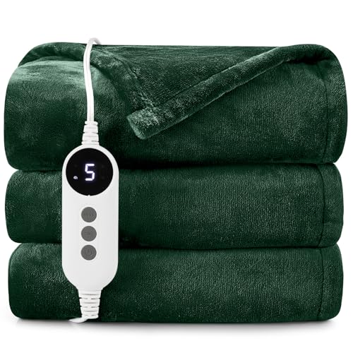 HYLEORY Heated Electric Blanket Throw, 2-Layer Cozy Soft Flannel 50' x 60', Heating Blanket with 9 Heating Levels, 2/4/6/10 Hours Auto Off, Fast Heating Warm Winter Blanket, Green