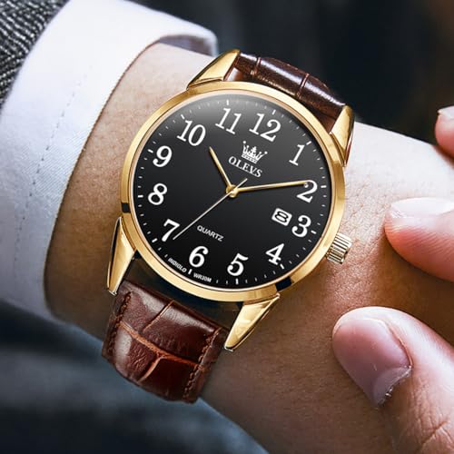 Image of OLEVS Men Leather Watches Classic Quartz Large Dial Easy Read Waterproof