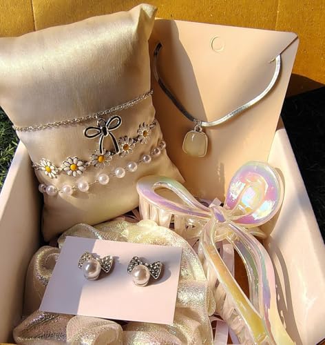 Image of Styling Fashion Accessories Hamper White Stone Nacklace Chain, Earring, 3 Hand Braclates and Clutcher with Box (Pack of 7)