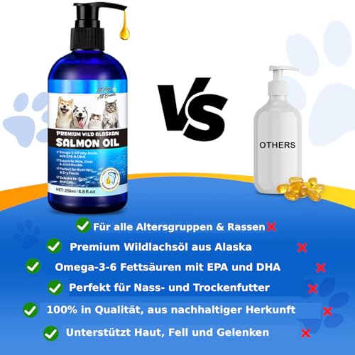 SteriMedo Lachsöl für Hunde & Katzen 250 ml, Omega 3-6 Fischöl aus Wildlachs, Unterstützt Fell, Haut, Gelenke, Hochdosierter Futterzusatz, Geeignet für alle Rassen