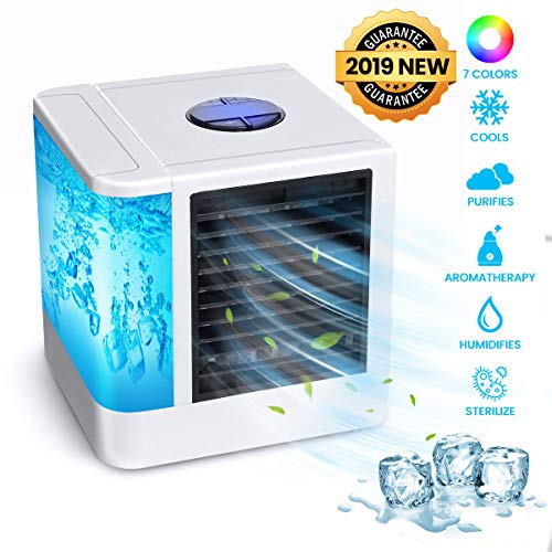 OUTERDO Climatiseur Portables,Refroidisseur dAir Personnel USB, Humidificateur, Mini-Ventilateur de Bureau avec Réservoir deau Indépendant, DEL 7 Couleurs et 3 Vitesses pour Maison / Bureau