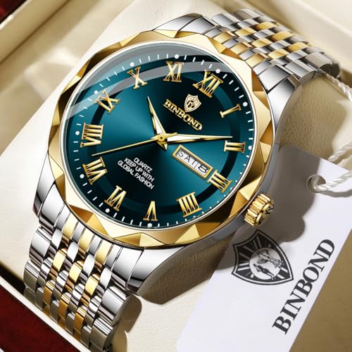 Image of BINBOND Men's Watch Luxury Business Dress Analog Quartz Stainless Steel Casual Date Wrist Watches for Men Easy Read Roman Numeral Large Dial Waterproof Luminous