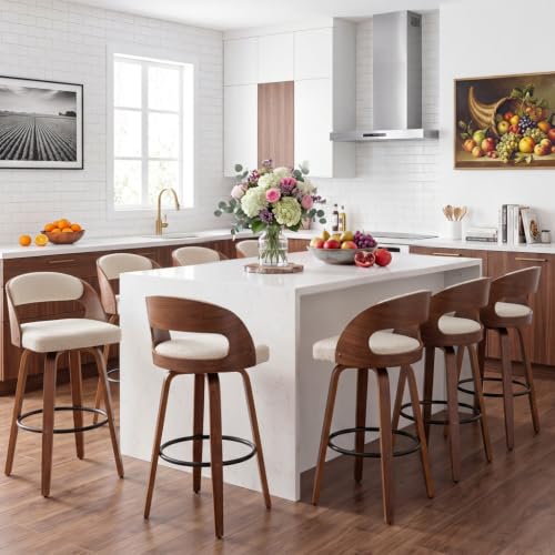 Image of AQG Swivel Bar stools Set of 2 Bar Chairs 30 inch Counter Height Mid-Century Modern Bentwood Barstool Faux Linen Upholstered Bar Chair with Back and Footrest, for Bar, Cafe, Dining, Kitchen Island, Beige