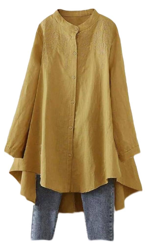 Women's Cotton Linen Shirt High Low Button Down Embroidered Blouse Long Sleeve Tunic Tops