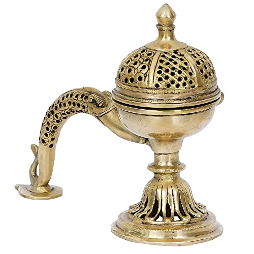 Image of eCraftIndia Golden Brass Dhoop Holder with Handle | Incense Burner for Home Temple Pooja Mandir | Incense Holder Gift for Diwali Housewarming
