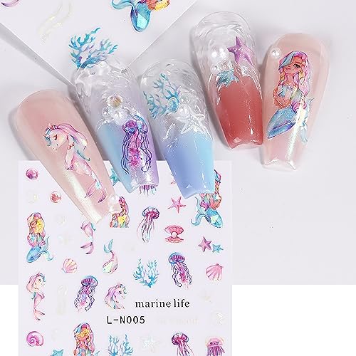 Lopmnght LOPMNGHT-173 8 Sheets Ocean Animals Nail Art Sticker 3D Self-Adhesive Laser Mermaid Jellyfish Design Nail Decals Starfish Dolphin Colorful Shell Nail Art Sticker Decoration thumb #4