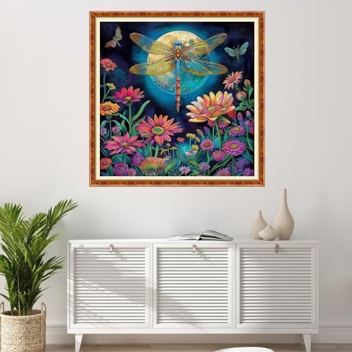 Image of Findvoor Stamped Cross Stitch Kits for Beginner Embroidery Kits for Beginners Adults DIY 11CT Cross Stitch Patterns Needlepoint Kits Crossstitching Kits-Dragonfly Moon 18x18 inch