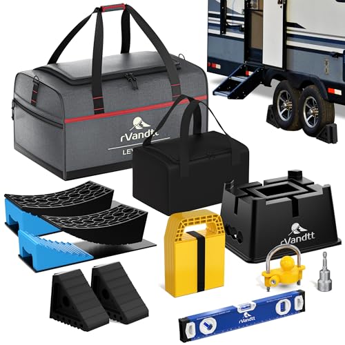 Travel Trailer/Toy Hauler Leveling, Stability, and Security Kit - Two Axle Leveling kit, Trailer Hitch Stand, Stabilizer Pads, Wheel Chocks, Hitch Lock, Custom Bags, and More!