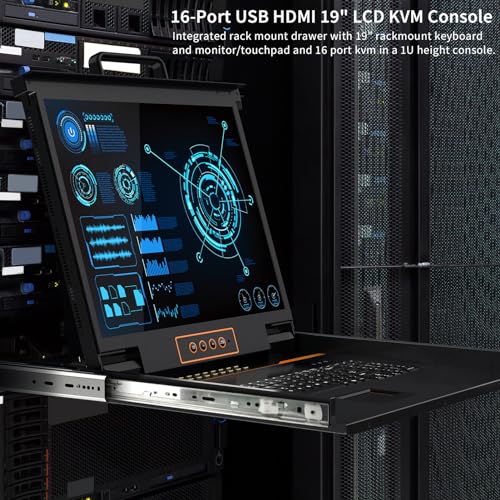 Image of 19-Inch Rackmount KVM Console, 1U Rack Mount Monitor and Keyboard HDMI 16 Port KVM Switch, OSD /Hotkey /Button Switching, Includes Cables, Compatible with Windows,Linux,Mac,Sun