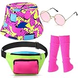 4 Stück Neon Retro 80er Kostüm Set 80er 90er Vintage Eimer Hüte Gürteltasche Neon Strick Beinlinge Sonnenbrillen für Halloween Damen Cosplay Party