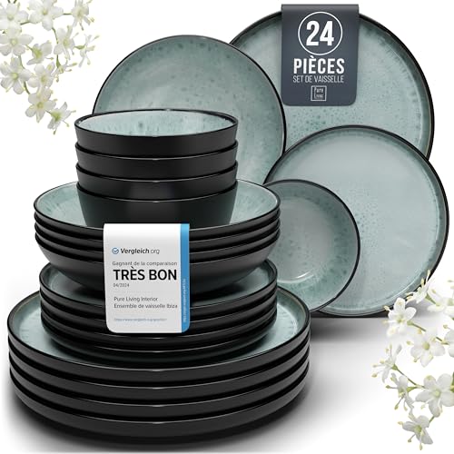 Image of 24 Piece Stoneware Dinnerware Set for 6 - Handmade Reactive Glaze Plates and Bowls Set - Chip & Scratch Resistant Dish Set - Dishwasher Microwave Safe - Dark Sage Green