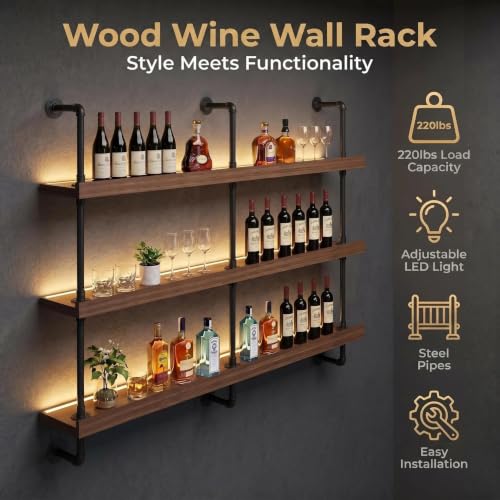 Image of HOUSESET 36 /48 /60 /72 /84in Wine Wall Rack with Led Lights, 3-Tiers Modern Pipe Liquor Bottle Display Shelf, Bar Shelves Wall Mounted for Commercial Bar, Restaurant, Home