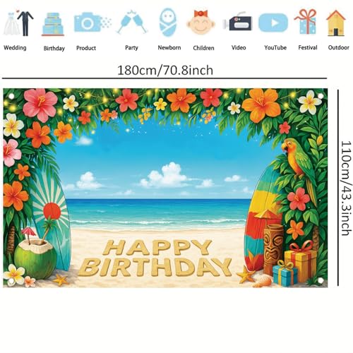 Image of Summer Hawaiian Birthday Backdrop Tropical Flower Beach Party Decorations Banner 71 x 43 Inch Surfboard Parrot Coconut Background for Kids Adults Happy Birthday Photography Props