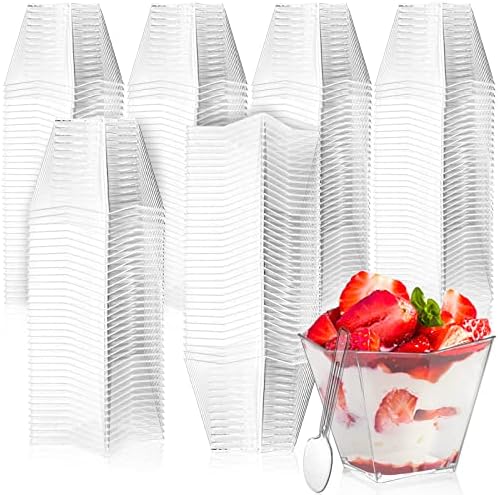 Lyellfe 100 Pack 4 Oz Dessert Cups with Spoon, Clear Plastic Cups, Mini Reusable Square Parfait Shooters Cups for Appetizer, Ice Cream, Pudding, Tasting Party
