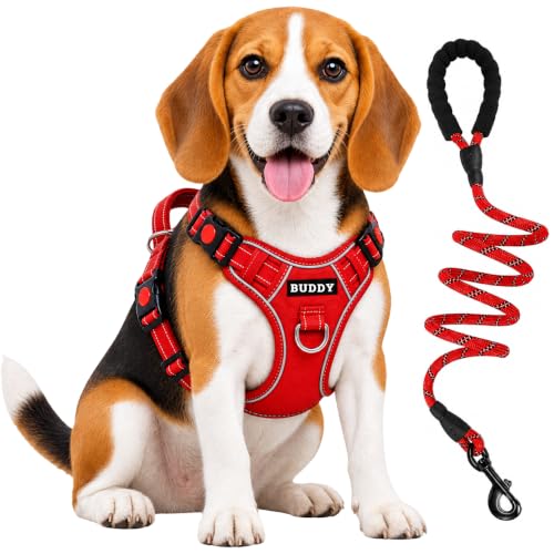 Image of Dog Harness for Medium Dogs | No Pull, Adjustable, Reflective, Harness Leash Combo for 14-23Kg Pets (Red, Medium)