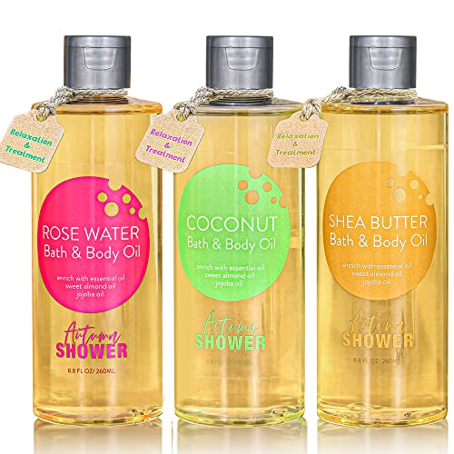Bath And Body Oil - Autumn Shower Oil With Sweet Almond, Jojoba Oil, Shea Butter & Rose Water & Coconut Bath Oils Christmas Gift For Women, Multiuse Oil For Hair & Dry Skin 26.4 Fl Oz (Pack Of 3) #TOP20