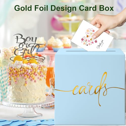 Image of 2 Pack Light Blue Card Box with Gold Foil Design, Paperboard 8.7 inch Card Box for Birthday Wedding Party Graduation Retirement Anniversary Valentine's Day & Baby Showers, Raffle or Money Box