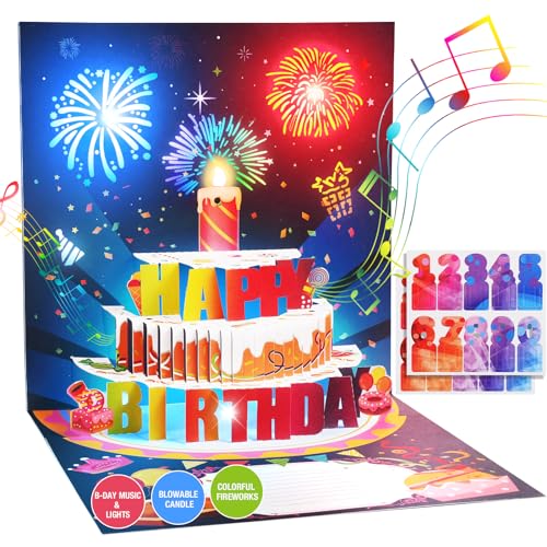 Mozmmhi DIY Cartão de aniversário, presentes 3D Pop Up música fogos de arte feliz aniversário cartões com vela inflável luz LED cartões de feliz aniversário para mulheres homens mãe crianças