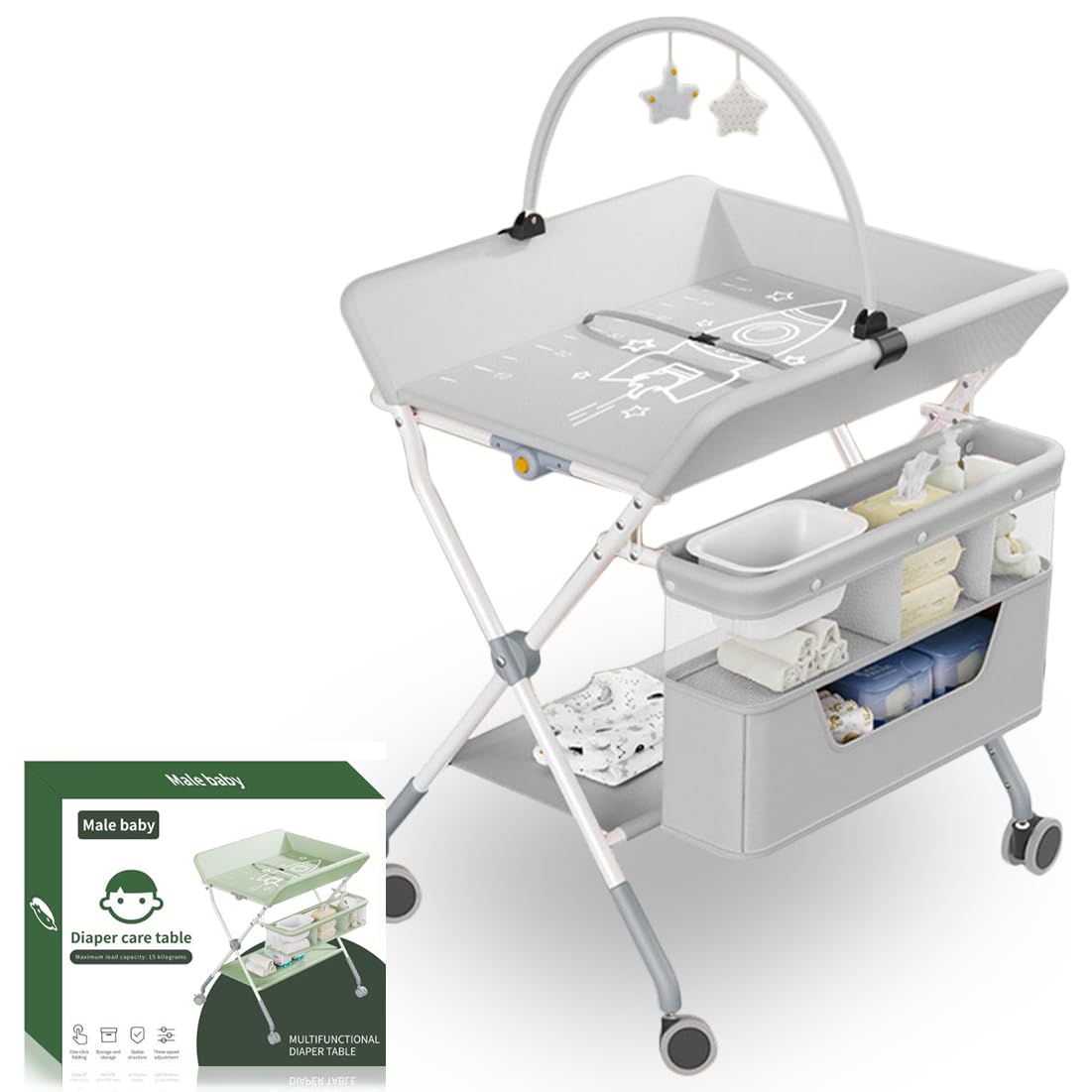 FC22 Baby Changing Table, Portable Folding Diaper Changing Station with Wheels, Adjustable Height, Large Storage Rack, Water Basin, Safety Belt, Mobile Nursery Organizer for Newborn Infant, Grey