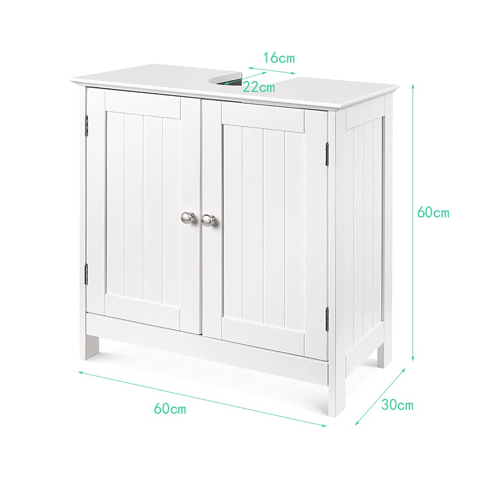 Mobile sottolavabo Bagno con 2 ante senza lavabo, mobile portaoggetti sotto lavabo in legno, mobile sottolavello, mobile da bagno su piedistallo, bianco, 60 x 30 x 60 cm