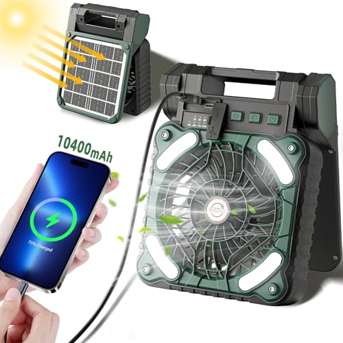 Ventilador de camping portátil alimentado por energía solar, ventilador de batería inalámbrico recargable de 10400...