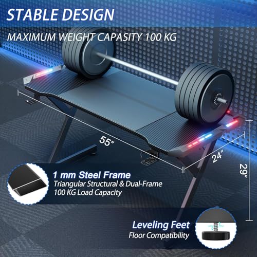 Image of HLDIRECT 55 Inch Gaming Desk with LED Lights, Ergonomic Computer Gaming Table with Carbon Fibre Surface, Sturdy PC Workstation Desk for Home Office with Headphone Hook, Cup Holder, Black