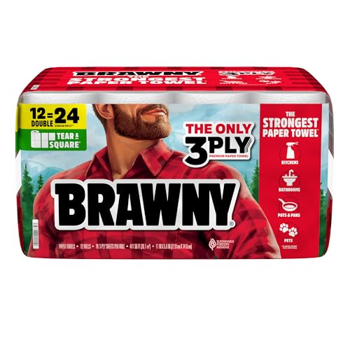 Brawny Tear-A-Square 3-Ply Paper Towels, 12 Double Rolls = 24 Regular Rolls, Strong, Absorbent, and...