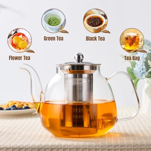 Image of PARACITY Glass Teapot Stovetop 40 OZ /1200ml, Tea pot with Removable 18 /8 Stainless Steel Infuser, Borosilicate Clear Tea Kettle, Teapot Blooming and Loose Leaf Tea Maker Tea Brewer for Camping