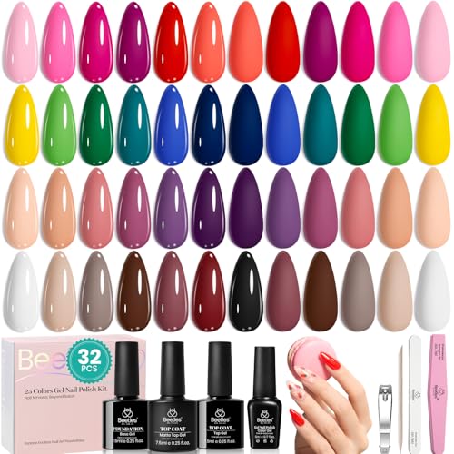 Beetles Summer Gel Polish Kit - Chic Outfits Collection 25 Colors Polish Set, Brown Purple Nude Red Black Color Gel Nails with 3Pcs Base Top Coat Soak off Uv Gel Manicure Kit Gift for Women