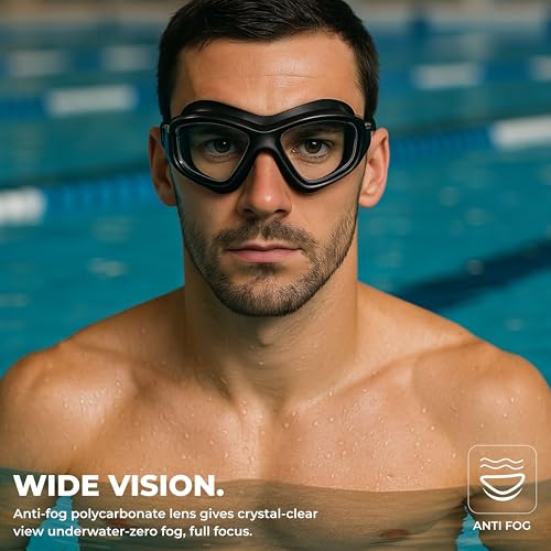 Image of NIVIA Unimask Sr. 2.0, Swimming Goggles for Adults, Polycarbonate Clear Glass, Anti Fog Goggles for Men, Silicon Strap, UV Protection, Comfort Fit, Training Swim Goggles for Men & Women - Black