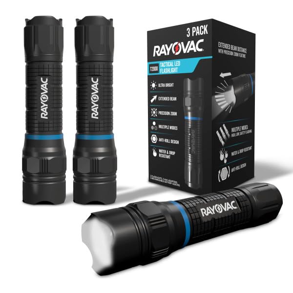 Energizer Rayovac T2000 Tactical LED Flashlights 400 Lumens (3 Pack) Small Tactical Flashlights Ideal for Everyday Carry Camping Work and Emergencies (Batteries not Included)