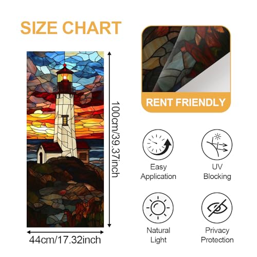 Image of Lighthouse Coastal Sunset Stained Glass Window Film 17.32x39.37in