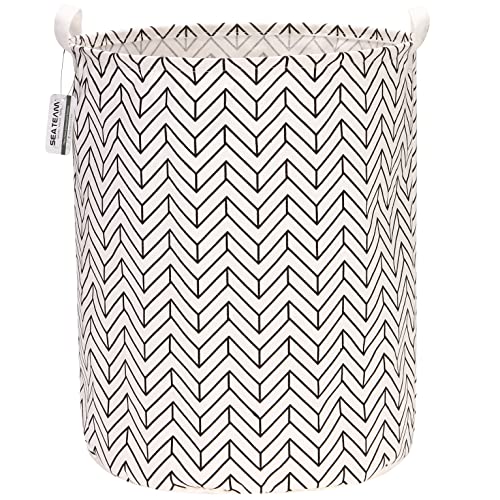 Sea Team Ramie Cotton Fabric Foldable Laundry Basket with Waterproof Coating Large Size 19.7 Inch Hessian Cylindrical Storage Basket with Stylish Arrow Black A Design