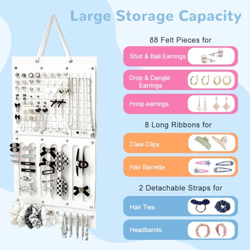 Image of HASTHIP Felt Hanging Earrings Organizer Hair Bows Clips Hair Accessory Organiser, Multifunction Jewelry Display Rack with Earring Holder Panel, Necklace Hooks and Sunglass Slots for Door Wall Closet