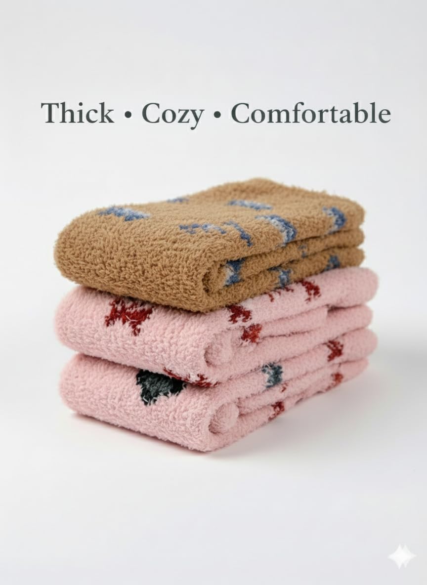CROWN RIQUE Premium Ultra-Soft Fuzzy Socks for Women, Cozy Plush Winter Socks with Cute Patterns, Warm Breathable Gift-Ready Lounge Socks, 3-Pair Set (3, Pink | Brown) 2