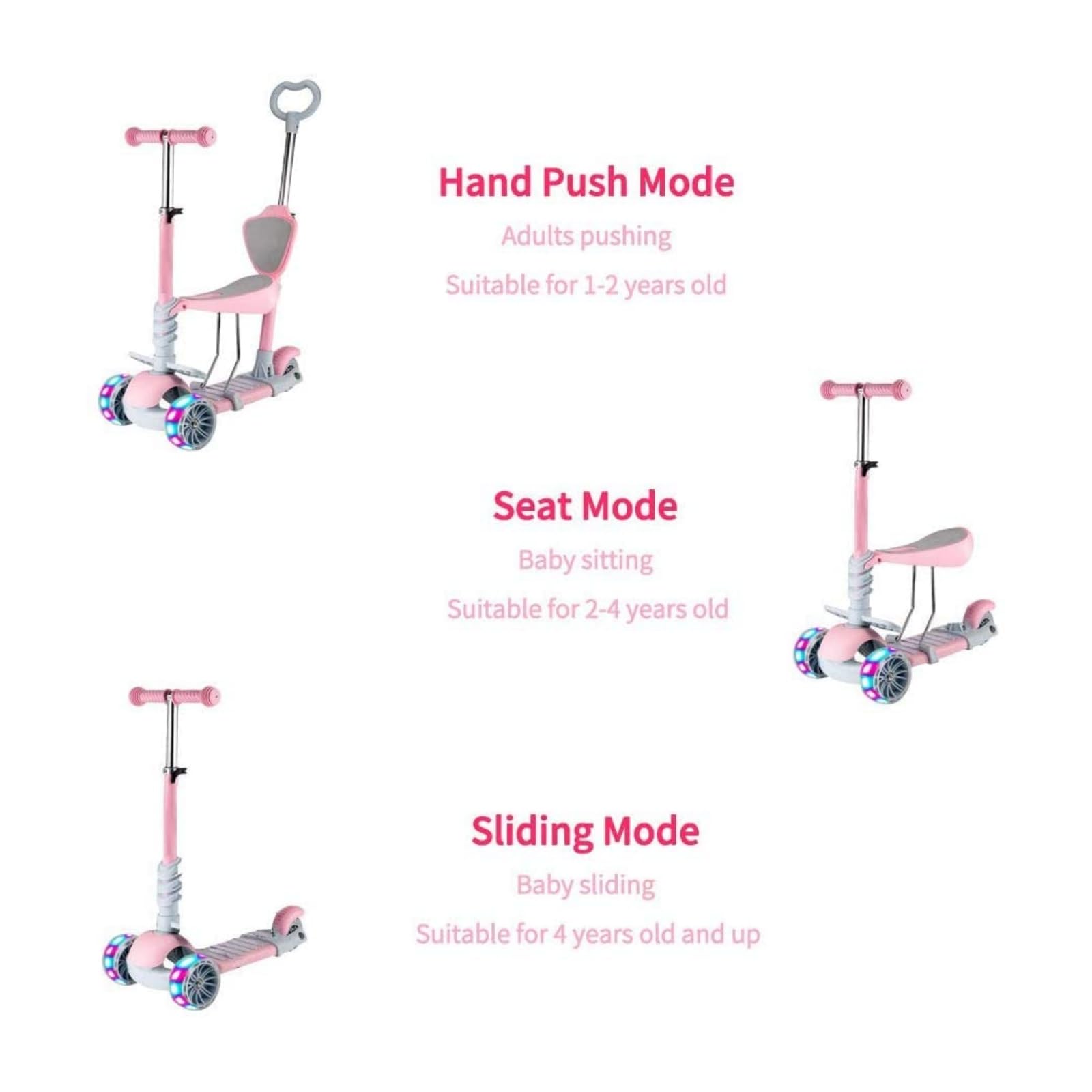 Patinete para Niños 5-en-1 con Asiento Extraíble, 3 PU Ruedas Parpadeantes, Manillar de Altura Ajustable, Respaldo cómodo, Fácil de Dirigir, Patinete Infantil para Niños y Niñas de 1 a 6 Años