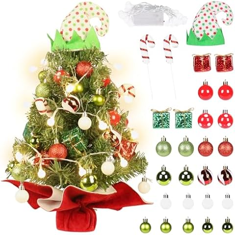 RoseCraft Mini Christmas Tree, Artificial Green Small Christmas Tree Tabletop Decorations with Ornaments, for Indoor Home Xmas Party Decor Red Green Gold. Cover