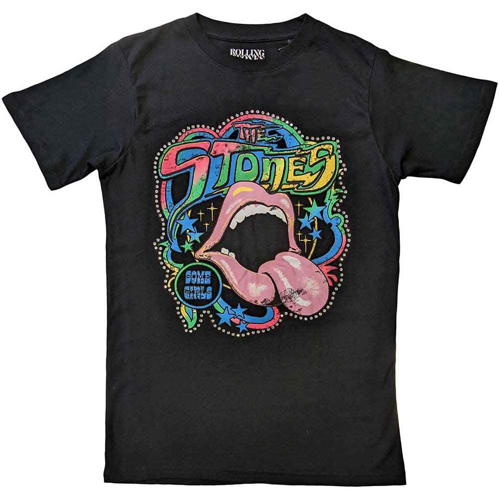 The Rolling Stones T Shirt Some Girls Neon Diamante Tongue Official Unisex Black L
