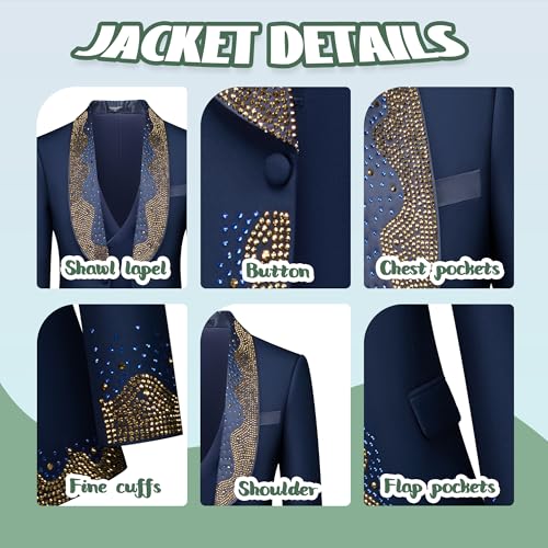 Mens Suit Slim Fit Shawl Lapel Hot Fix Rhinestone Exquisite Tuxedo Blazer Vest Pants Prom Party Banquet Performance3