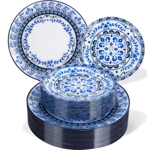 Hioasis 60pcs Blue Plastic Plates Set - Floral Blue & White Porcelain Design, 10.25" Dinner & 7.5" Dessert Plates Disposable for Wedding/Party (Dishwasher Safe, Traditional Style)