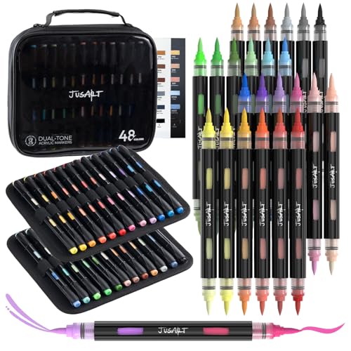 JusArt Acrylic Brush Markers 48 Colors Brush Tip Acrylic Marker Set 24 Dual-Tip Water Based No Bleed Markers with Automatic Ink Control for Wood Rock Fabric Canvas Glass Eggs & DIY Crafts