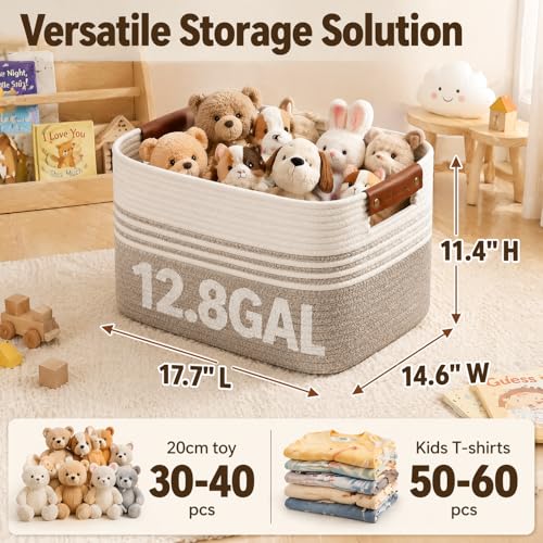 Image of Cotton Rope Laundry Basket Small, 12.8GAL Collapsible Woven Storage Baskets for Living Room Kids Toys Stuffed Animal,Boho Rectangular Decorative Short Hamper for Dirty Clothes, Blankets White Brown