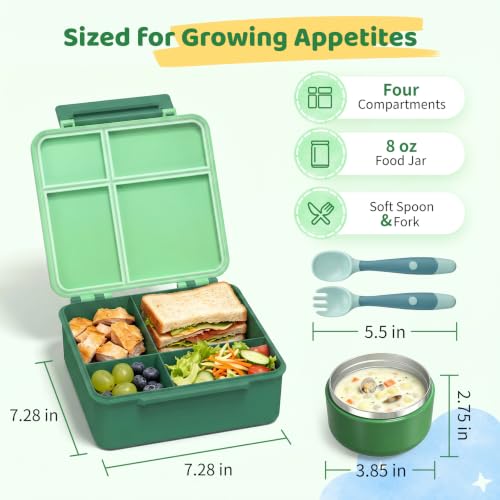 Image of Bento Lunch Box with 8oz Soup Thermo, Kids Leakproof Lunch Food Containers with 4 Compartment, Kids Thermo Insulated Hot Food Jar for School, Trvael-Green
