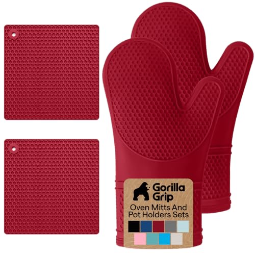 Image of GORILLA GRIP BPA-Free Soft Silicone Oven Mitts and Pot Holders Sets of 4, Heat Resistant Waterproof Cooking Gloves, Thick Cotton Lining, Flexible Gripping for Baking Grilling, Kitchen Trivets, Red