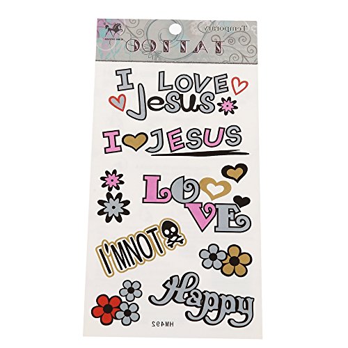 Chic-Net Tatouages adhésifs Jesus Love Happy not Poison - Multicolore - Gris - Motif fleurs Cover