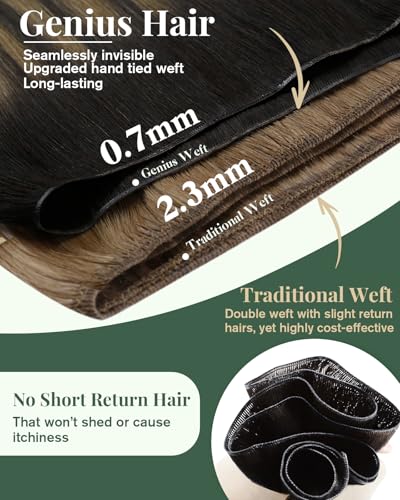Image of Ugeat 16 Inch Genius Weft Hair Extensions Dark Brown Balayage Genius Weft Hair Extensions Human Hair Mix Medium Brown Balayage Hand Tied Hair Extension Secure Root Attachment 16 Inch 50G