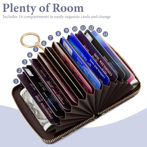 Image of Credit Card Holder RFID Wallet for Women, Small Leather Card Organizer Case with Zipper and Keychain, Black Gold Marble