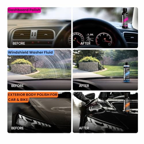 Image of GROOMMM Shampoo, Windshield Washer, Tyre & Trim Gel, Car &Bike Polish, Dashboard Polish Car Care Kit(100ml x5)|Car Polish Sponge & Microfiber Cloth (300 /600GSM)|Interior & Exterior Car Cleaning Kit